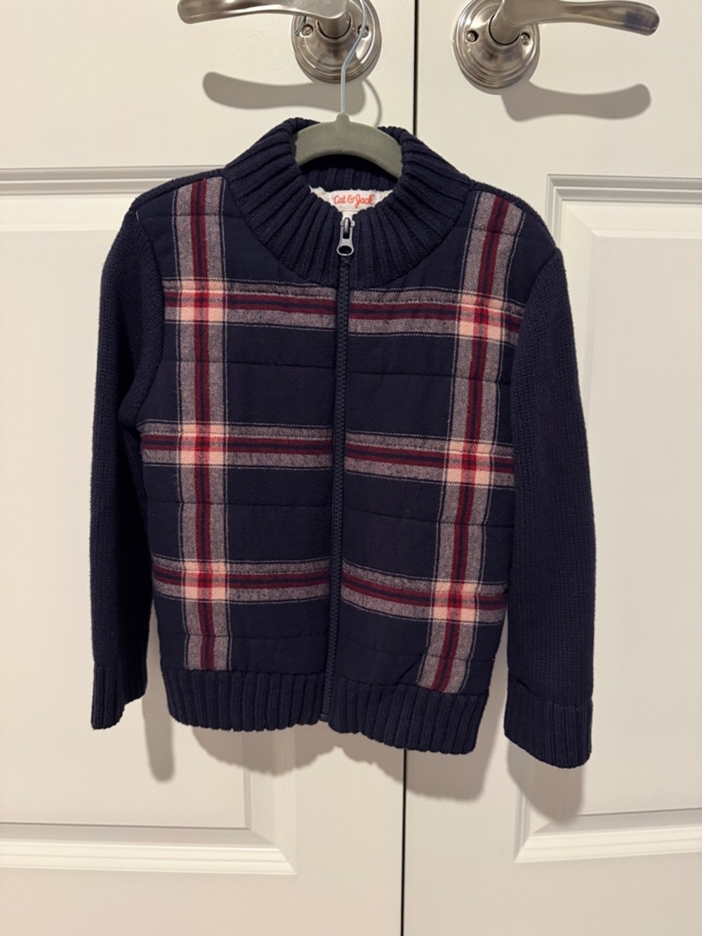 Cat & Jack Navy Quilted Plaid Zip Cardigan